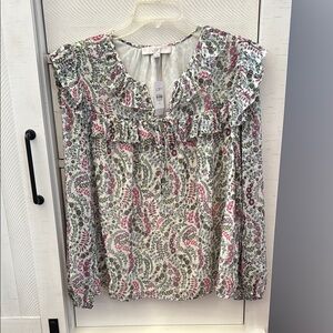 LOFT Women's Floral Ruffle Top - Green and Pink